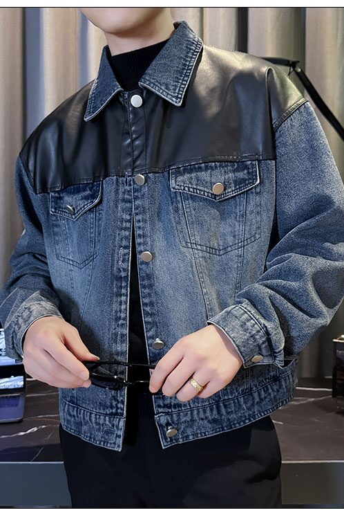 JK2505-P125控165韩版翻领纯色水洗牛仔PU皮拼接工装夹克外套B,男装工装外套,星座308A