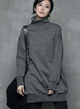 独特设计感卫衣春秋季新款女外套半高领加绒加厚中长灰色遮臀上衣