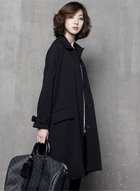 soomate 加厚风衣女中长款黑色宽松腰带大衣复古英伦春秋冬季外套