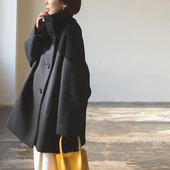 夹棉加厚毛呢外套女冬复古小众日系中长款 茧型宽松大翻领羊毛大衣