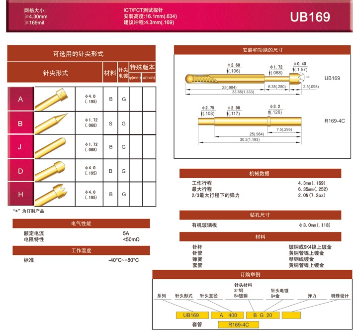 华荣/欧华探针UB169系列/169MIL系列探针/如需要请备注头型