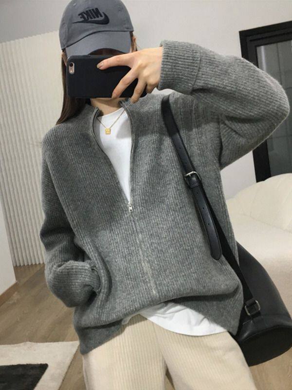 秋冬新款半高领拉链羊绒毛衣开衫女宽松时尚抽条羊毛针织打底衫潮