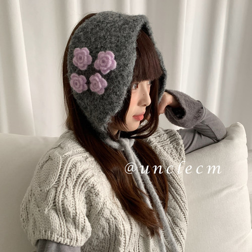 韩系手工钩织立体花朵系带耳罩女