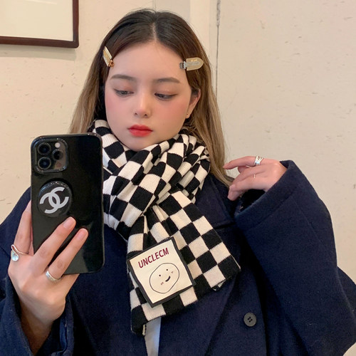 黑白棋盘格子ins新款学生围巾