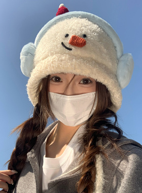 可爱卡通毛绒雪人针织雷锋帽子女大头围保暖毛线帽秋冬护耳套头帽