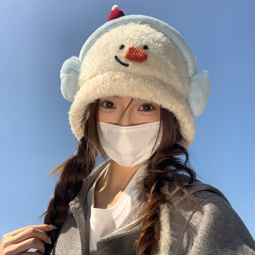 可爱卡通毛绒雪人针织雷锋帽子女