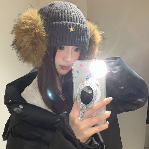 立体星星毛绒针织包头帽子女冬季
