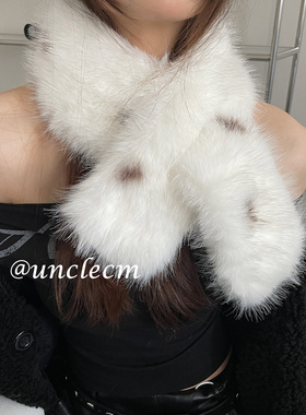 复古斑点毛毛围巾女款冬季加厚保暖护颈交叉围脖环保皮草防寒毛领