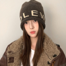 韩版 显脸小毛线帽子 小众卷边字母针织冷帽女秋冬大头围堆堆帽个性