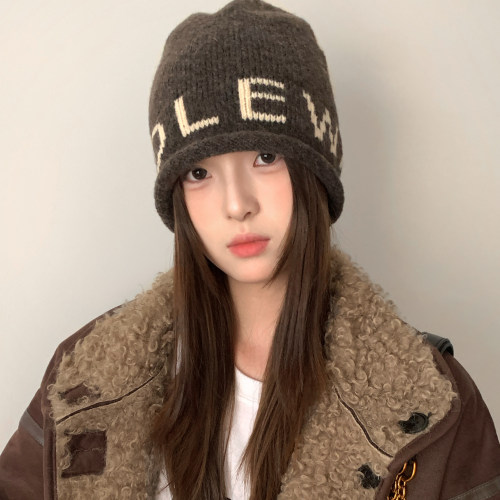 韩版小众卷边字母针织冷帽女