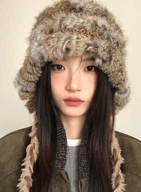 兔毛混纺帽子女秋冬款加厚保暖毛线帽防寒护耳显脸小包头帽套头帽