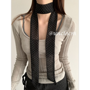 黑色波点丝巾女高级感薄款长条小围巾韩系氛围感飘带系脖领巾配饰