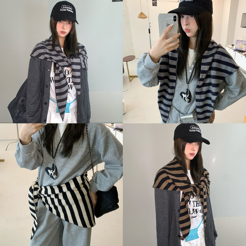 秋冬季韩系条纹针织三角巾女