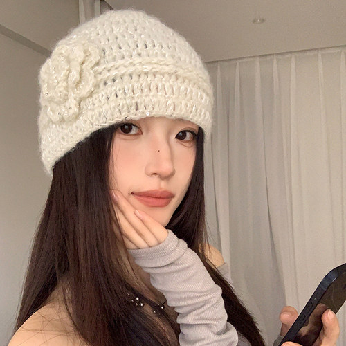 复古法式秋季针织花朵包头帽百搭