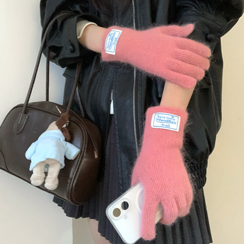 含兔毛可触屏保暖百搭分指手套女