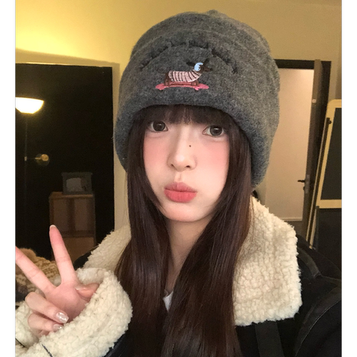 可爱腊肠小狗刺绣毛线帽子女冬季