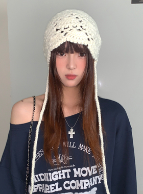 日系手工钩织镂空毛线包头帽子女复古文艺风绑带针织帽百搭套头帽