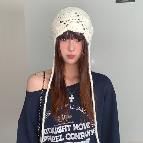 日系手工钩织镂空毛线包头帽子女