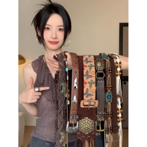 复古波西米亚风编织串珠腰带女