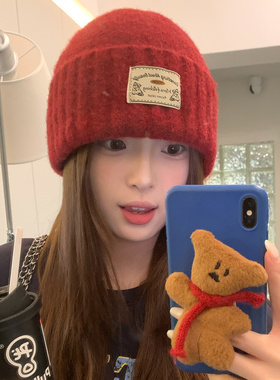 含羊毛红色毛线帽子女款冬季加厚保暖护耳针织帽大头围包头帽冷帽