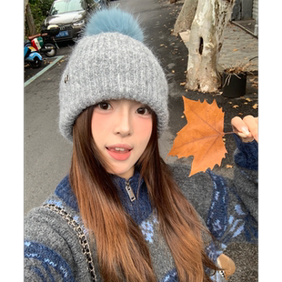 含羊毛韩系毛球针织包头帽子女款 加厚大头围保暖毛线帽护耳帽 冬季