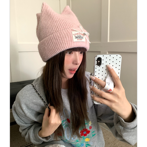 含羊毛可爱猫耳保暖针织帽子女
