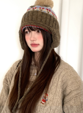 费尔岛帽子女款秋冬季冬天加厚保暖护耳帽毛线防寒针织包头雷锋帽