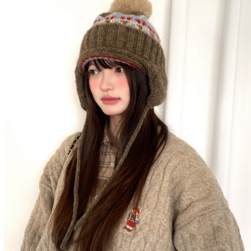 秋冬费尔岛风毛球护耳毛线帽保暖