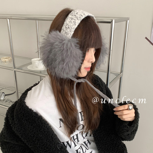 冬季加厚灰色毛绒绒系带耳罩女