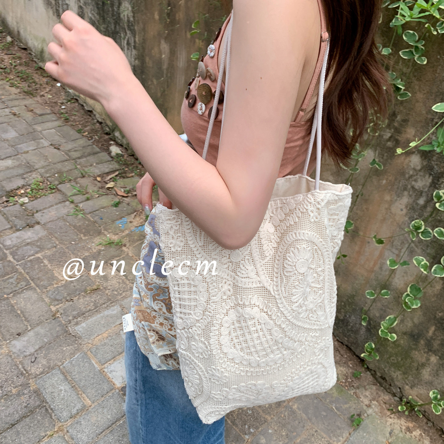 韩系手工编织蕾丝单肩包女图片