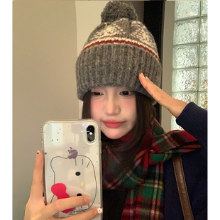 复古加厚保暖费尔岛风毛线帽子女秋冬季 显脸小冷帽护耳百搭包头帽