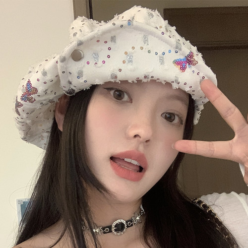 韩版女秋季亮片蝴蝶贝雷帽