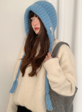 蓝色护耳巴拉克拉法帽子女冬季秋冬天新款大头围保暖针织毛线帽红