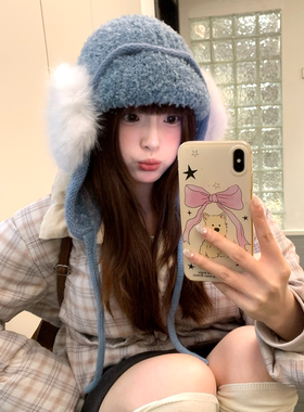 毛绒蓝色巴拉克拉法帽子女冬季大头围保暖护耳帽显脸小防寒雷锋帽