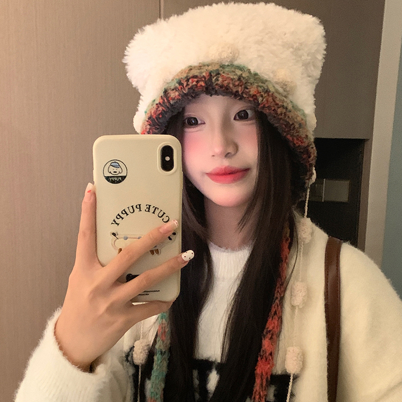 秋冬季可爱毛绒小熊耳朵毛线帽潮