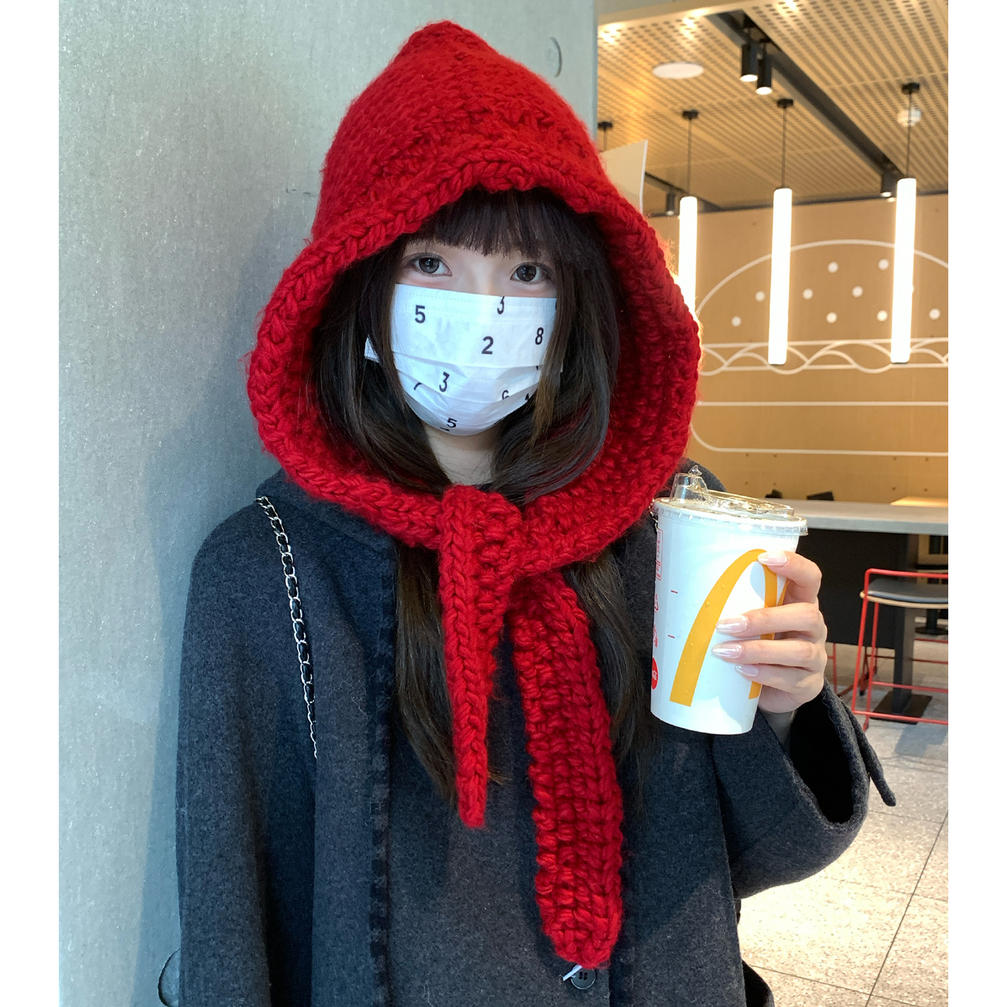 韩系粗毛线红色针织巴拉克拉法帽