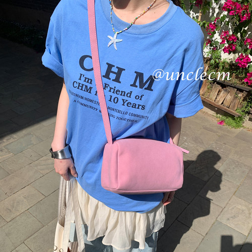 韩系麂皮绒粉色吐司枕头包女