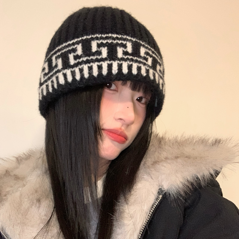 秋冬季复古提花针织毛线帽女