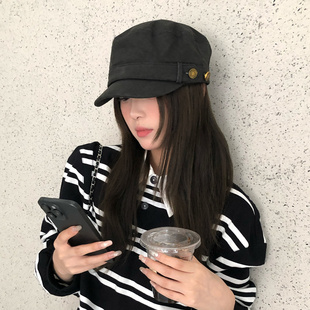 复古高级感黑色绒面贝雷帽子女大头围纽扣马术帽显脸小平顶报童帽