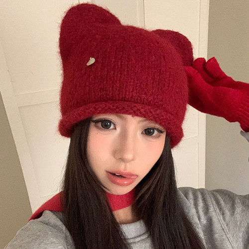 秋冬季俏皮可爱猫耳保暖毛线帽