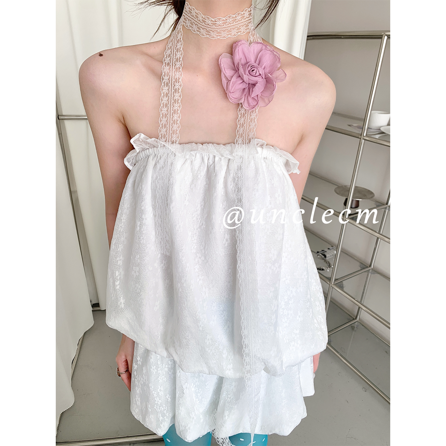 韩系蕾丝花朵细长条系脖丝巾图片