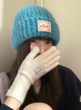秋冬季加厚保暖毛线帽子女韩版显脸小针织包头帽大头围蓝色冷帽潮