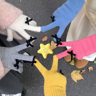 含兔毛糖果色蝴蝶结全包分指手套女冬季 可爱保暖五指手套 骑行新款