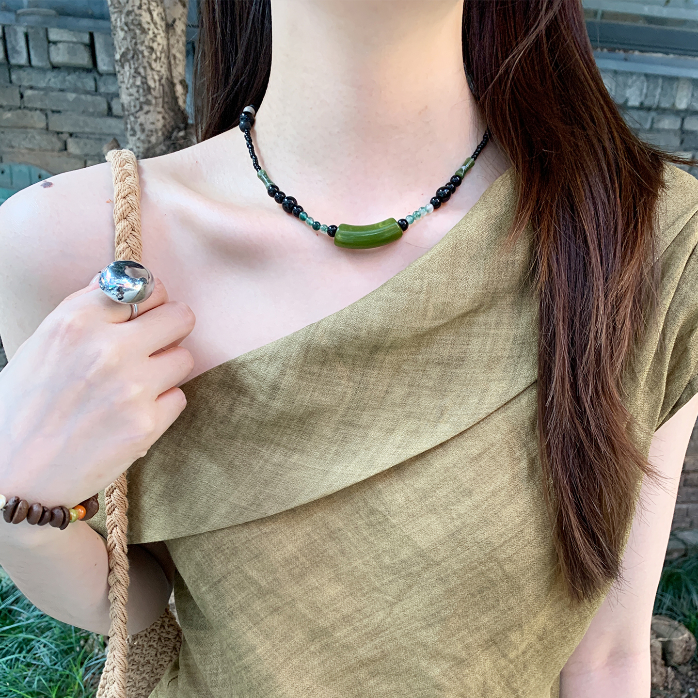 新中式复古民族风墨绿串珠项链女