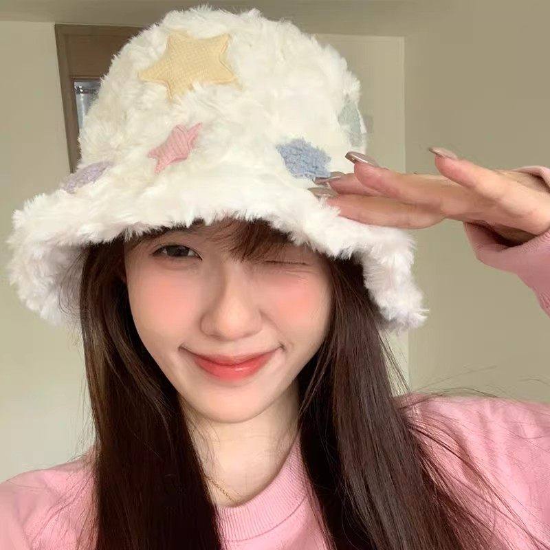 韩版彩色星星毛绒渔夫帽子女冬季氛围感加厚护耳帽大头围保暖盆帽,服饰配件/皮带/帽子/围巾,帽子,淘宝优惠券,粉丝福利购,淘宝优惠卷