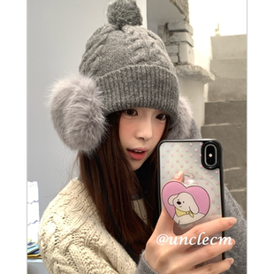 耳罩毛绒护耳帽子女冬季一体大头围保暖雷锋帽显脸小毛线帽包头帽