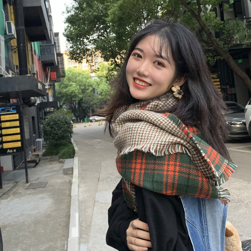 双面千鸟格围巾女冬季日系百搭
