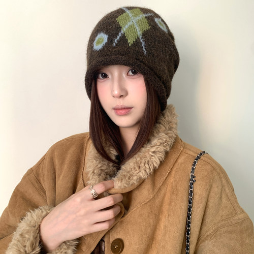 费尔岛风撞色菱形针织毛线帽子女