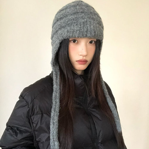 秋冬韩系灰色护耳显脸小毛线帽女
