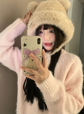 可爱秋冬季小熊耳朵毛线帽保暖